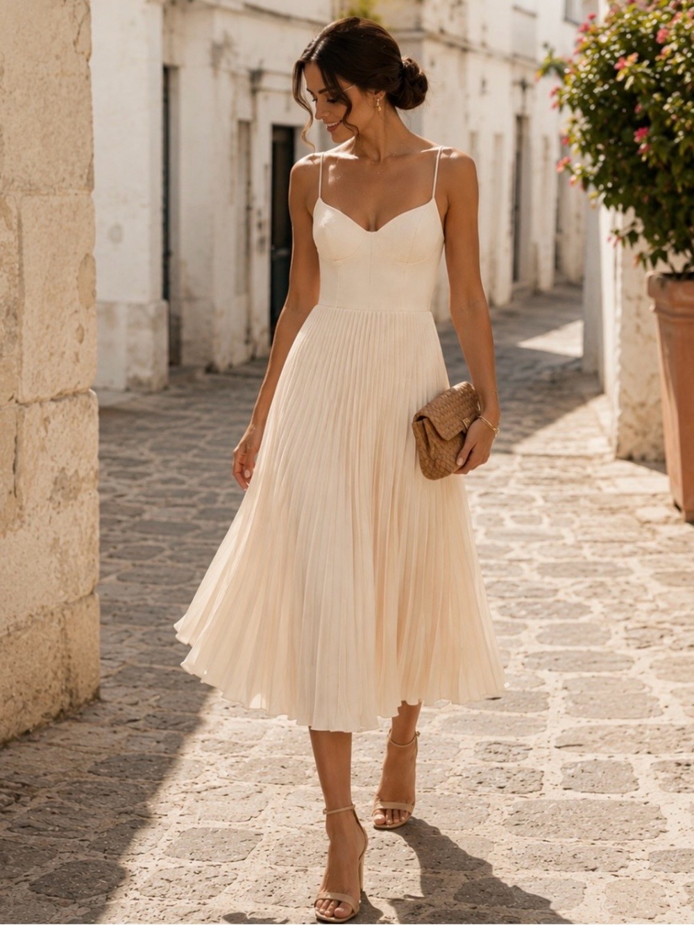 Azazie Atelier Emma Stretch Satin Pleated Midi Dress Corset Cream 10